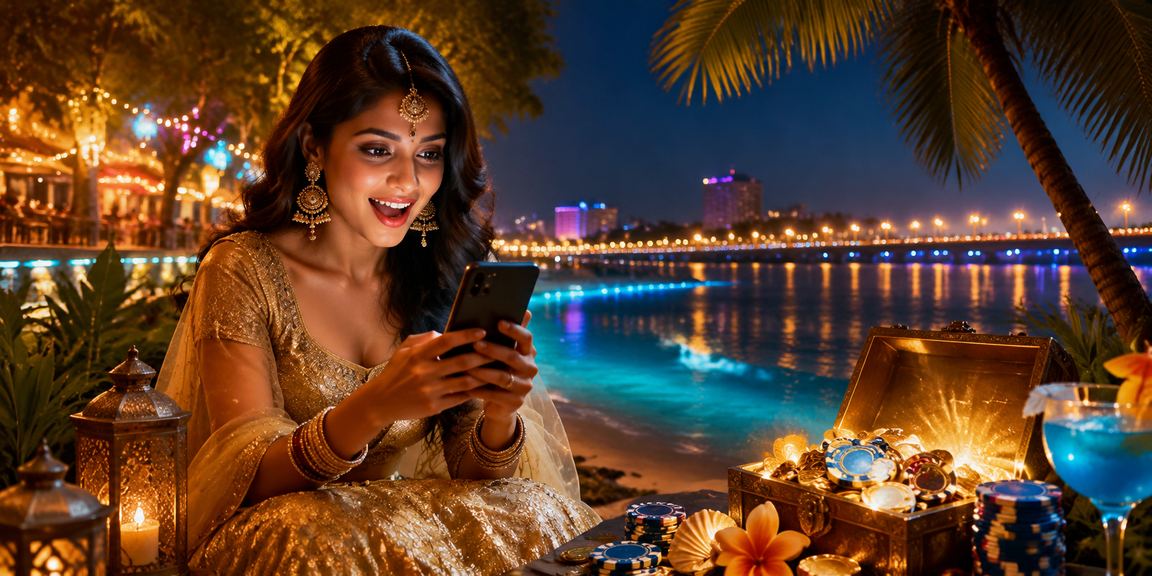 Indian player enjoying slots casino app by Ahmedabad Riverfront