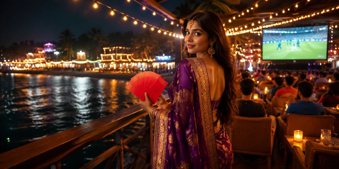 Indian woman receiving bonus offer on a mobile device at beach