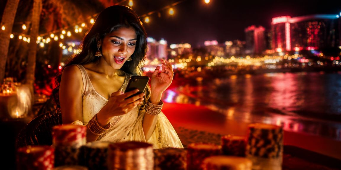 Woman placing sports bet on mobile device dressed in traditional saree